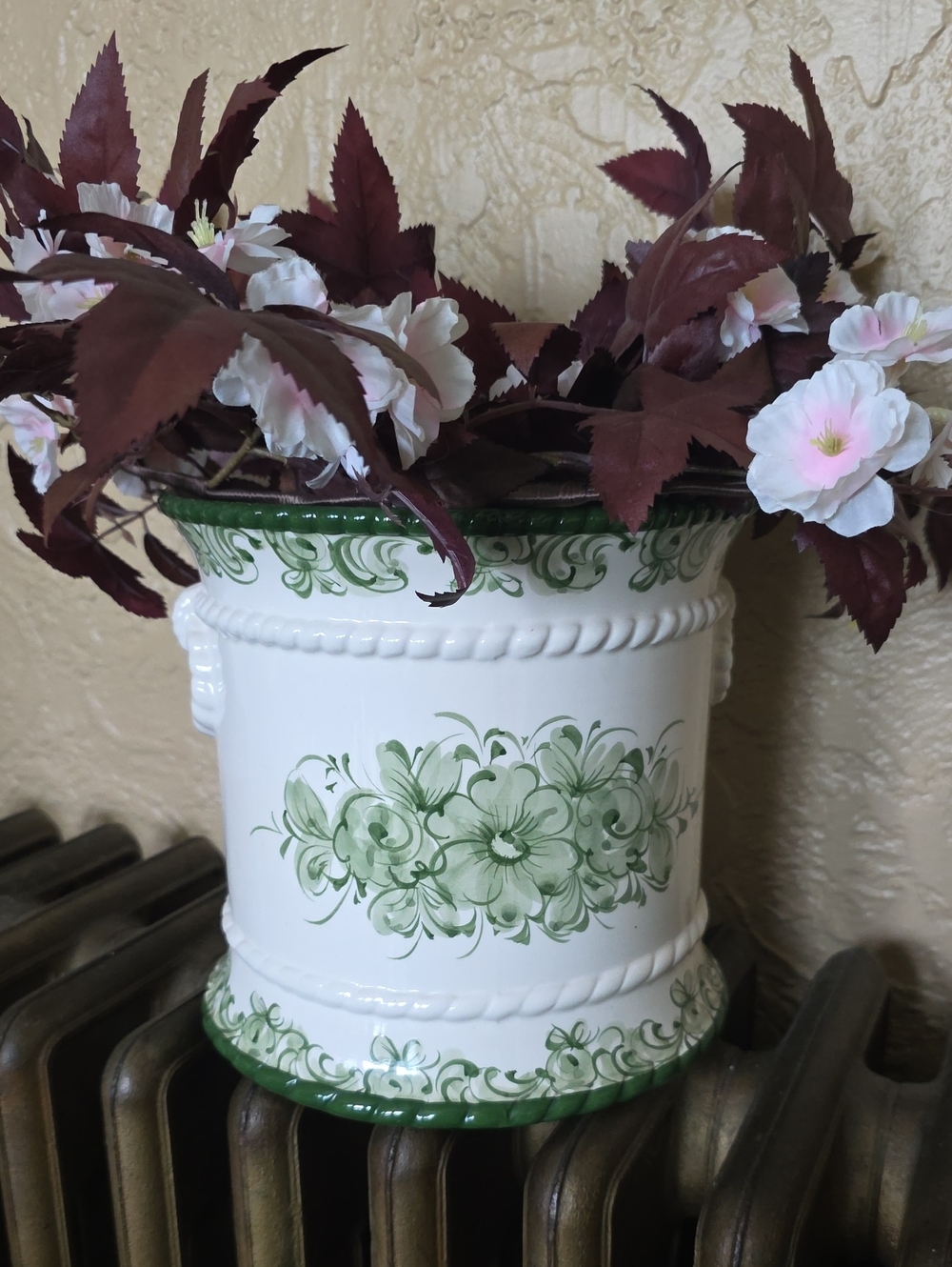 Vestal White Ceramic Vase with Green Floral Scrollwork